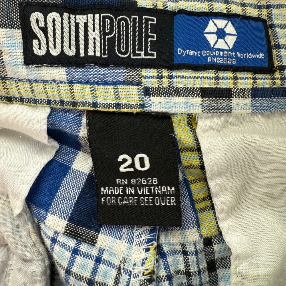 Vtg Southpole Plaid Patchwork Shorts Youth 20 Blue Yellow Y2K Streetwear Hip Hop